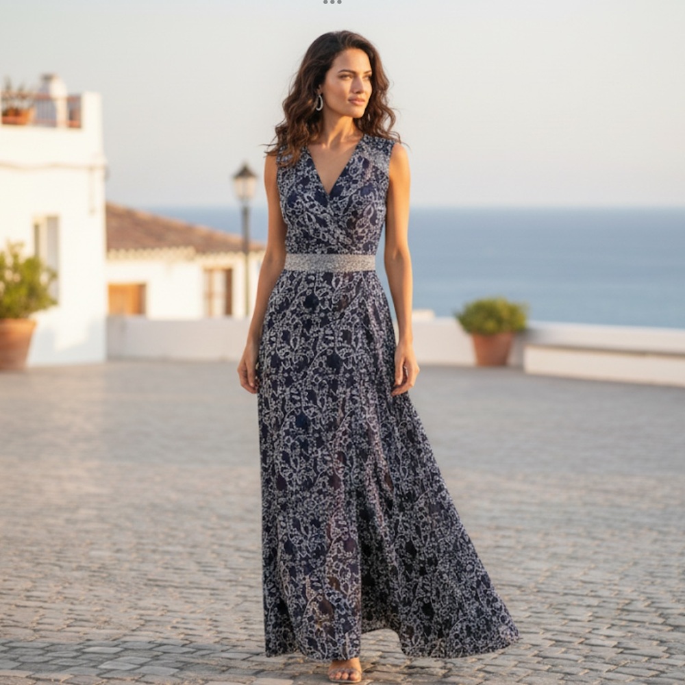 Natalie Martin Danika silk wrap maxi dress navy black sleeveless formal gown l